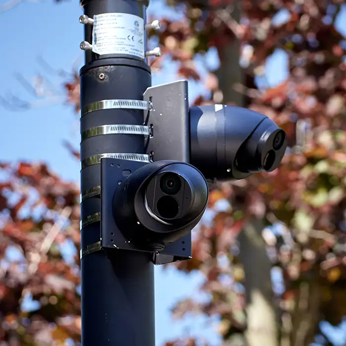 Two black security cameras mounted on a light pole with autumn leaves in the background