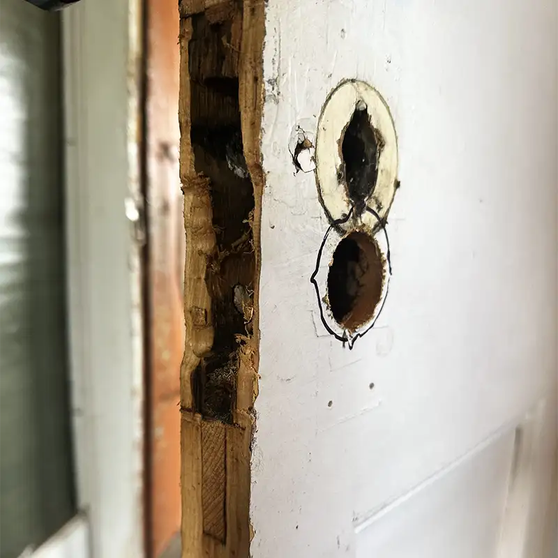 A dilapidated door in need of repair with holes in the door