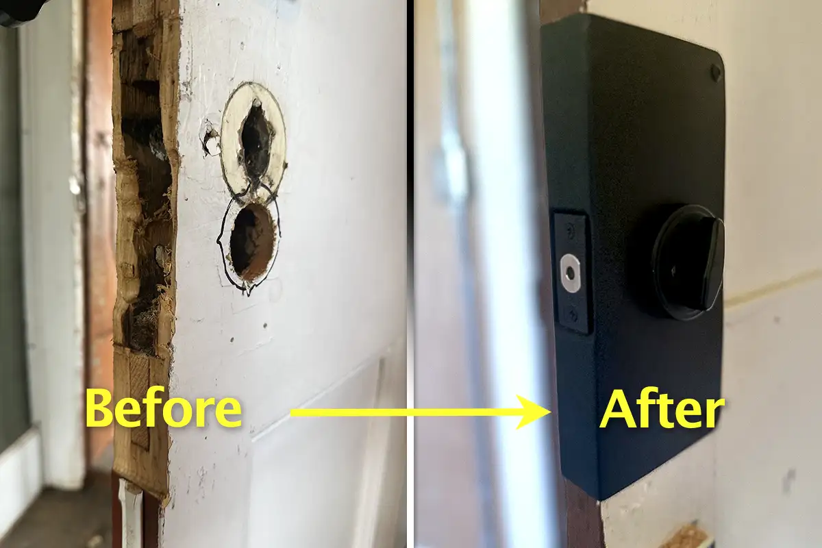 A before and after photo showing a weak door frame being strengthened by installing a metal door wrap.